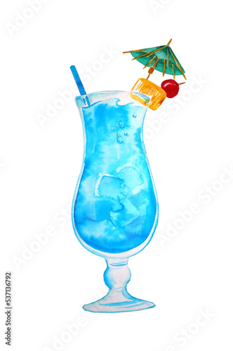 Watercolor hand drawn blue cocktail with ice and lime