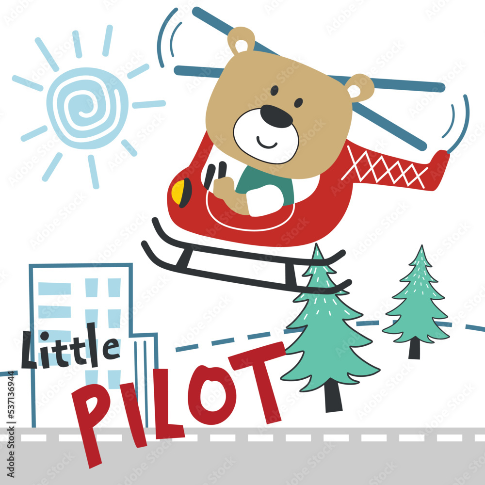 Fototapeta premium Vector illustration of cute cartoon bear pilot. Cartoon character for childrens book, album, baby shower, greeting card, party invitation, house interior. Vector stock illustration.
