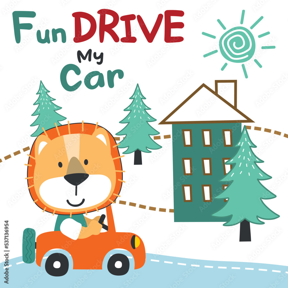 Vector illustration of funy animal driving the blue car. Funny background cartoon style for kids. Little adventure with animals on the road for nursery design, cartoon tshirt art design. Vector illustration of funy animal driving the blue car. Funny background cartoon style for kids. Little adventure with animals on the road for nursery design, cartoon tshirt art design.