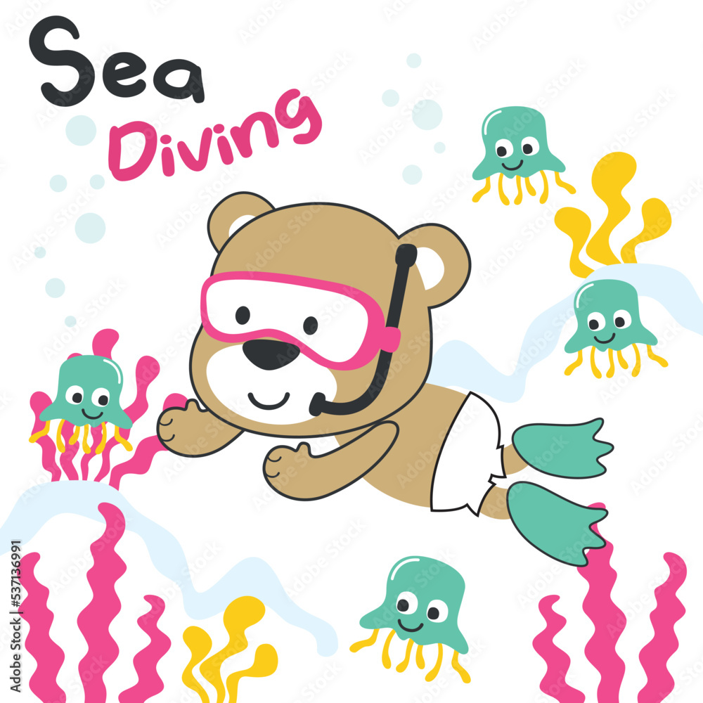 Cute animal in snorkel mask diving in the sea isolated on white background illustration vector suitable for stickers and t shirts kids baby, t shirt print design, fashion graphic and other decoration.