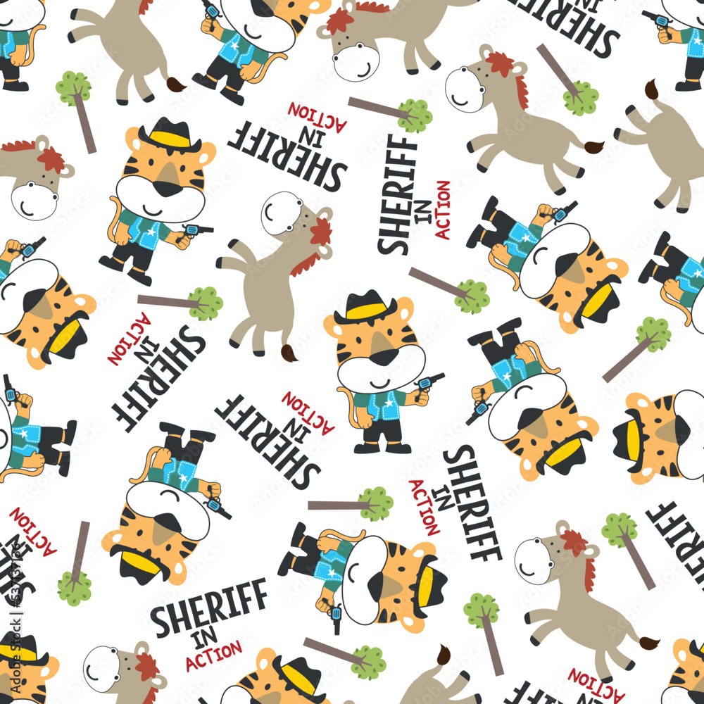 Vector illustration of Cute animal sheriff with gun and and horse. Can be used for t-shirt print, Creative vector childish background for fabric textile, nursery wallpaper and other decoration. Vector illustration of Cute animal sheriff with gun and and horse. Can be used for t-shirt print, Creative vector childish background for fabric textile, nursery wallpaper and other decoration.