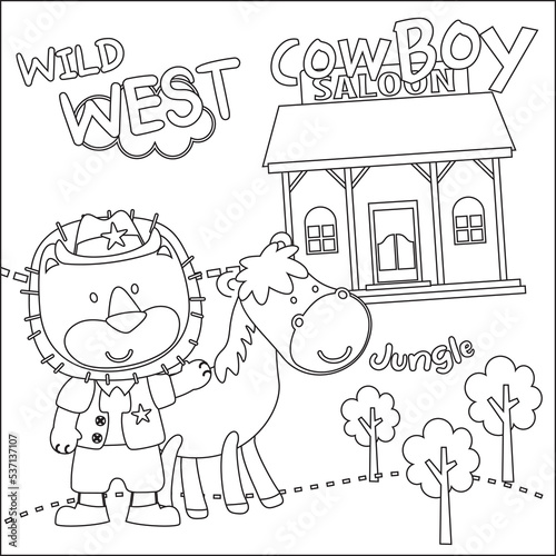 vector illustration of Cute animal cowboy with lasso and and horse. Childish design for kids activity colouring book or page.