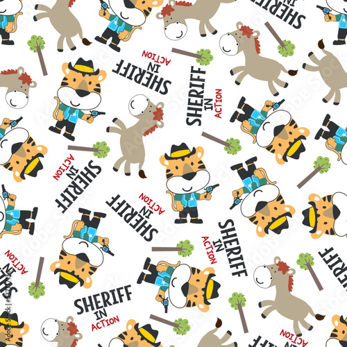 Vector illustration of Cute animal sheriff with gun and and horse. Can be used for t-shirt print, Creative vector childish background for fabric textile, nursery wallpaper and other decoration.