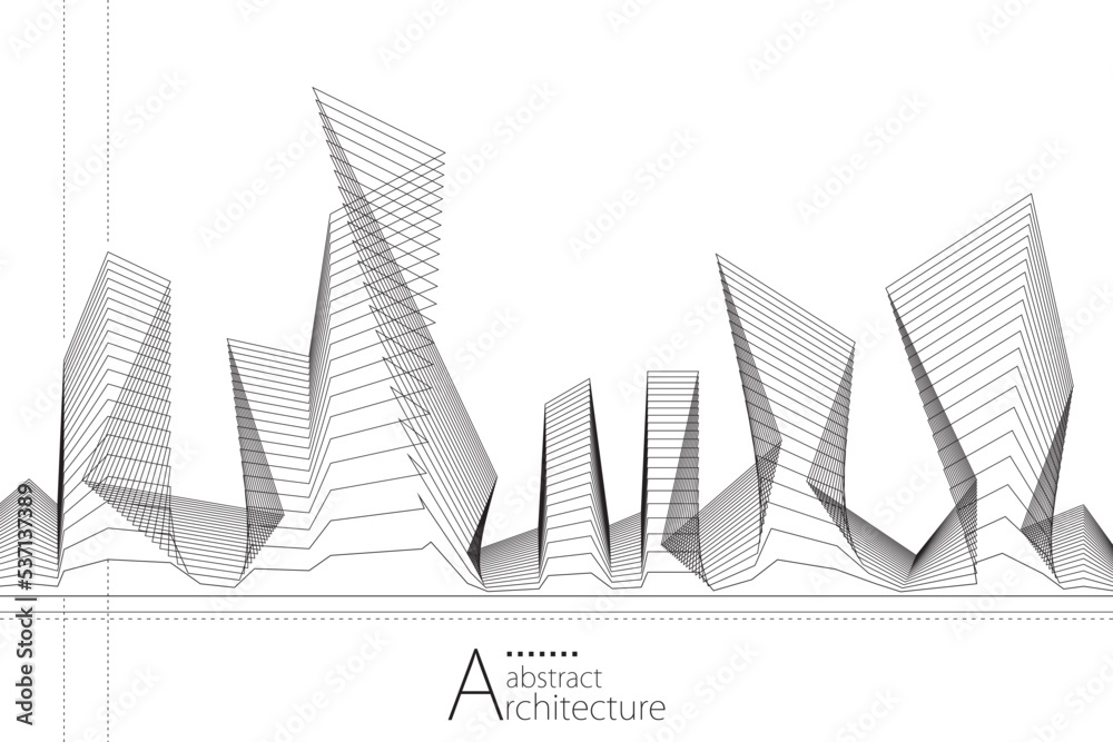 Fototapeta premium 3D illustration, abstract modern urban landscape line drawing, imaginative architecture building construction perspective design. 