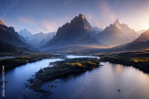 Gorgeous view of green mountain and river with sunrise background. 3D illustration © ardanz