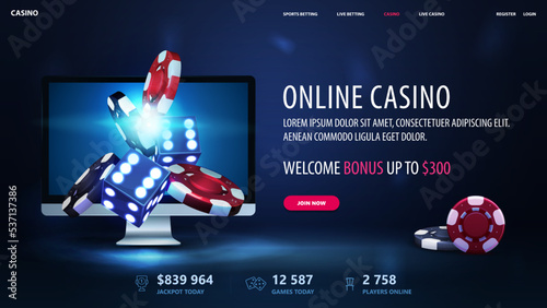 Online casino, blue banner with monitor with 3D dice and realistic gambling stack of casino chips in dark scene