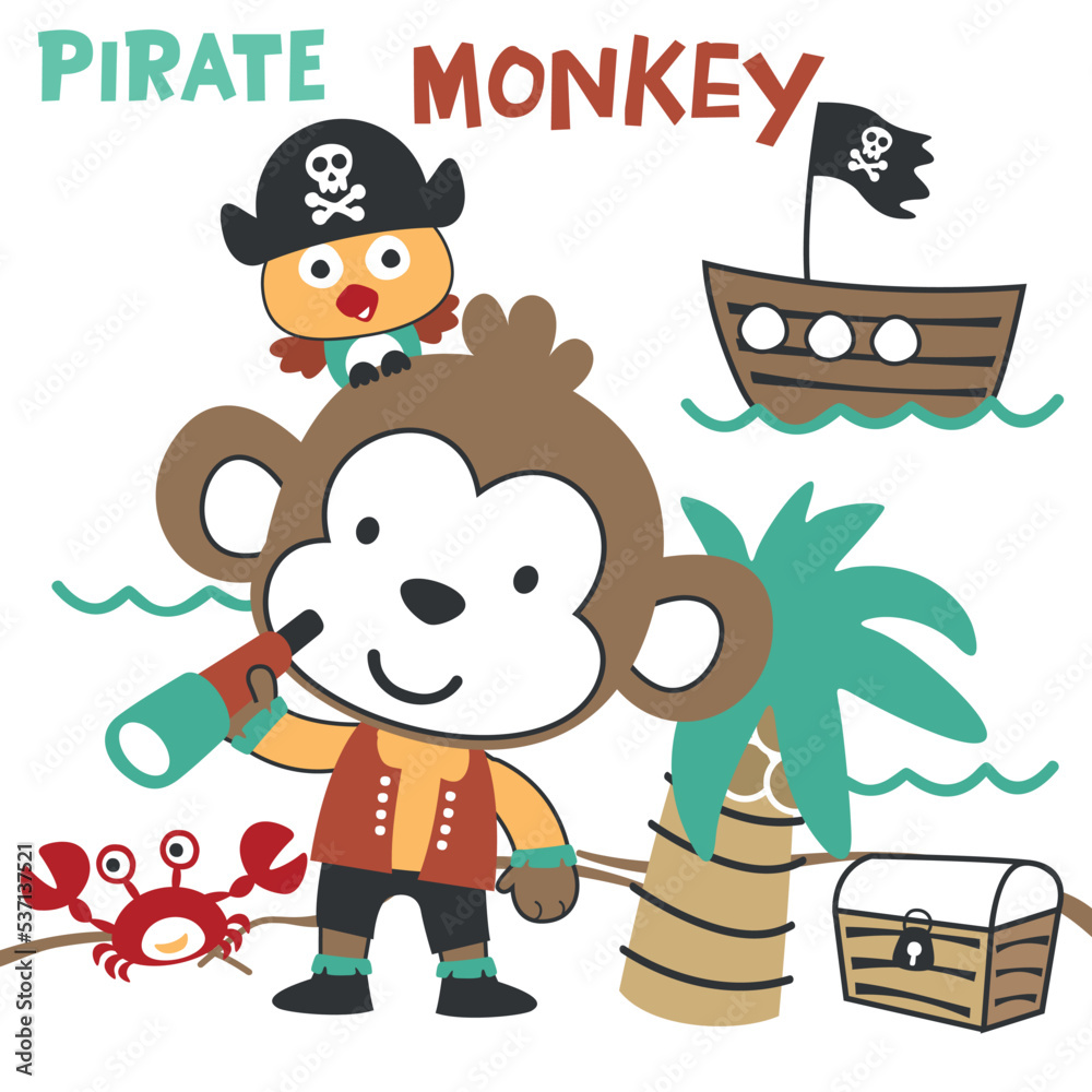 Obraz premium Vector illustration of funny animal pirate with treasure chest, suitable for stickers and t shirts kids baby, t shirt print design, fashion graphic and other decoration.