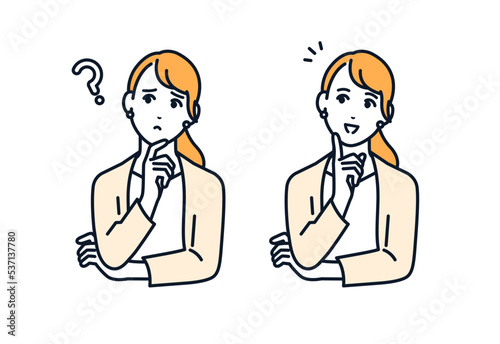 悩みを解決した若いビジネスウーマンのシンプルなベクターイラストセット素材