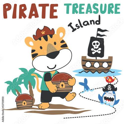 Vector illustration of funny animal pirate with treasure chest, suitable for stickers and t shirts kids baby, t shirt print design, fashion graphic and other decoration. © Hijaznahwani