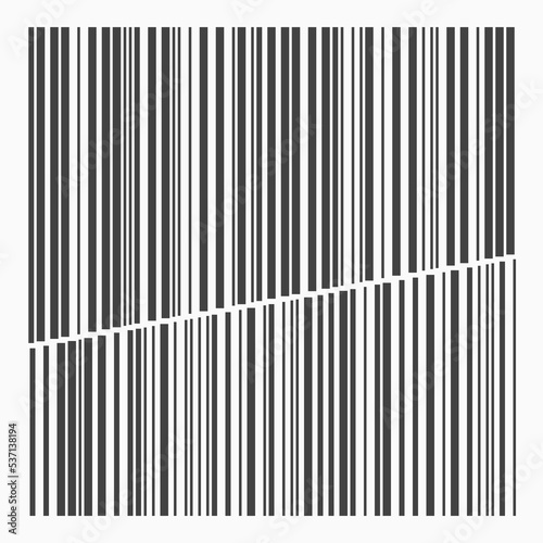 Barcode like abstract black vertical bars organized into rows that cut across at an angle on a white background