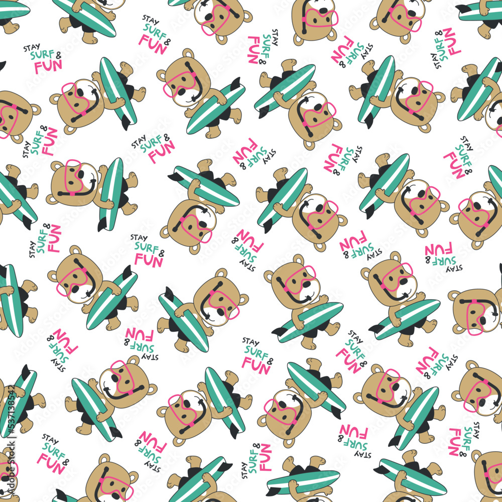 Vector illustration of cute little animal with a surfboard, Can be used for t-shirt print, Creative vector childish background for fabric textile, nursery wallpaper and other decoration. Vector illustration of cute little animal with a surfboard, Can be used for t-shirt print, Creative vector childish background for fabric textile, nursery wallpaper and other decoration.