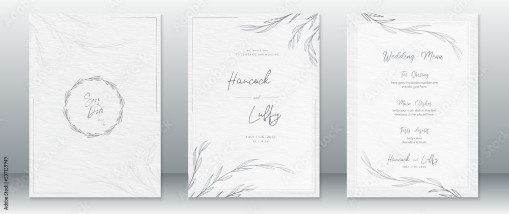 Wedding invitation card template design with natural leaf and watercolor white paper texture background - obrazy, fototapety, plakaty 