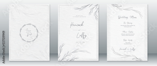 Wedding invitation card template design with natural leaf and watercolor white paper texture background