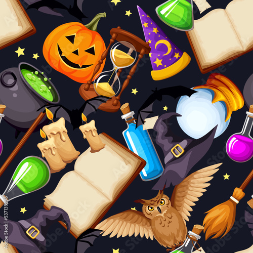 Halloween seamless pattern with magic items (book, cauldron, hourglass, crystal ball, owl, jack-o-lantern, bats, broom, flasks, wizard and witch hats, and stars) on a black background. Vector illustra