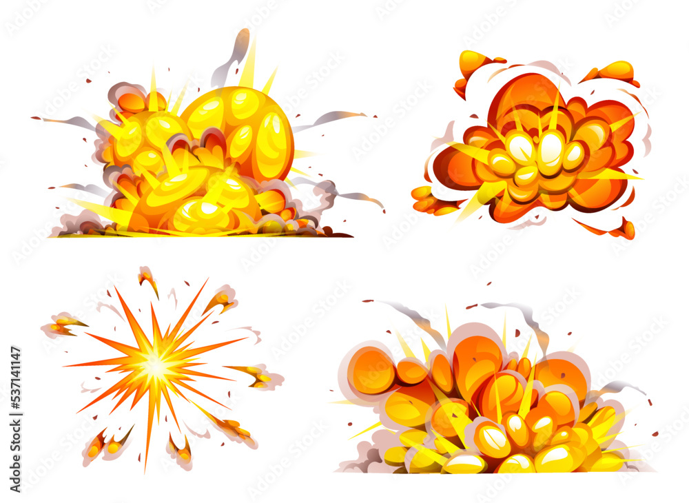 Collection of bomb explosion with smoke, flame and particles isolated cartoon illustration
