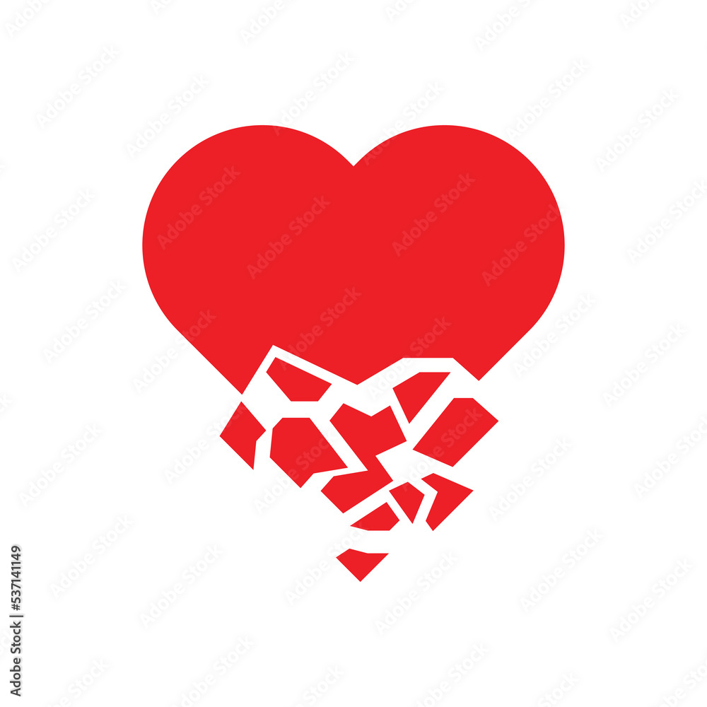 Red broken heart vector icon design. Heartbreak / broken heart or divorce vector icon. isolated on white background