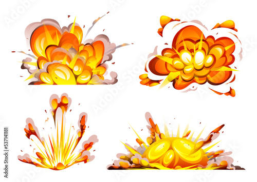 Set of bomb explosion with smoke, flame and particles isolated cartoon illustration