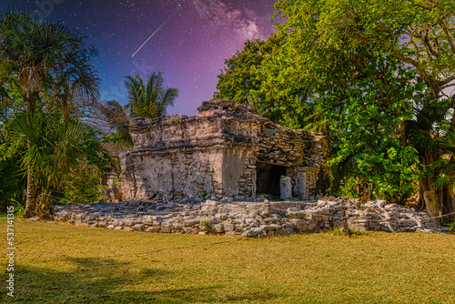 Playacar Mayan ruins with Milky Way Galaxy stars night sky in Playa del Carmen photo