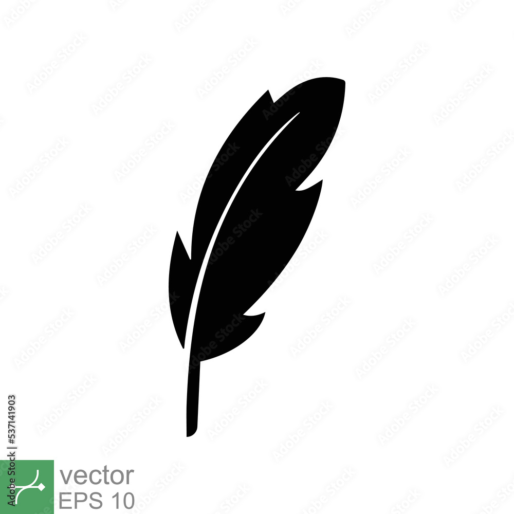 Feather icon. Simple solid style. Soft, bird, quill, weight, light, wing concept. Glyph vector illustration isolated on white background. EPS 10.