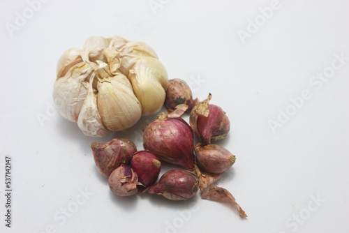 onion and garlic isolated on white background