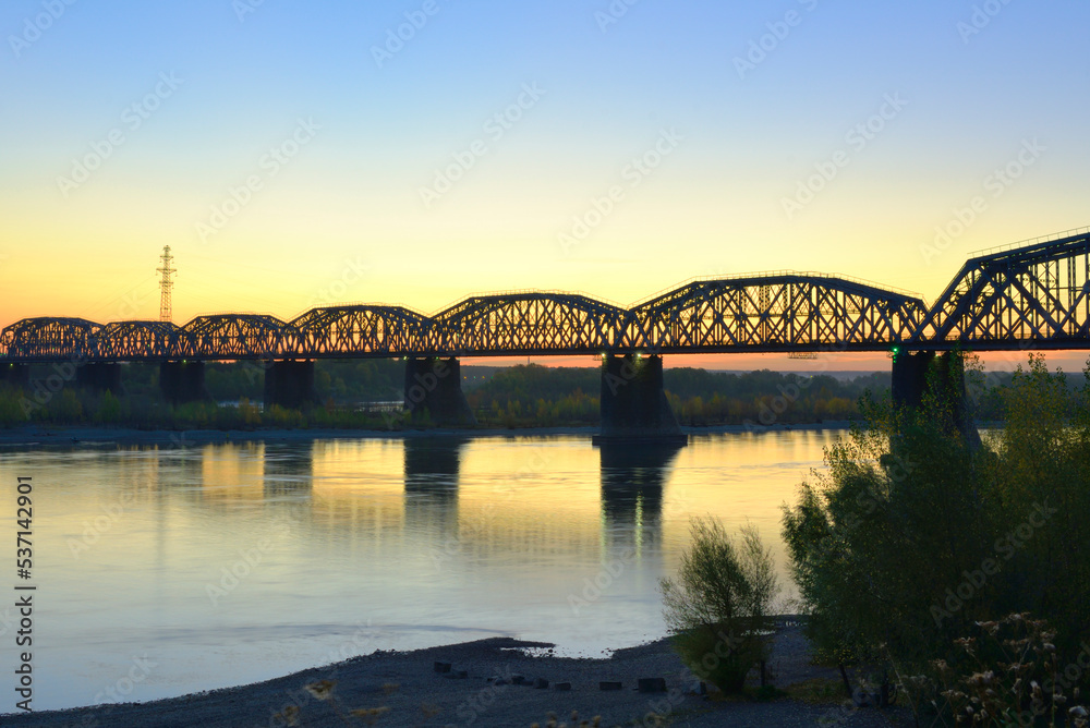 Bright dawn at the railway bridge Bright dawn at the railway bridge