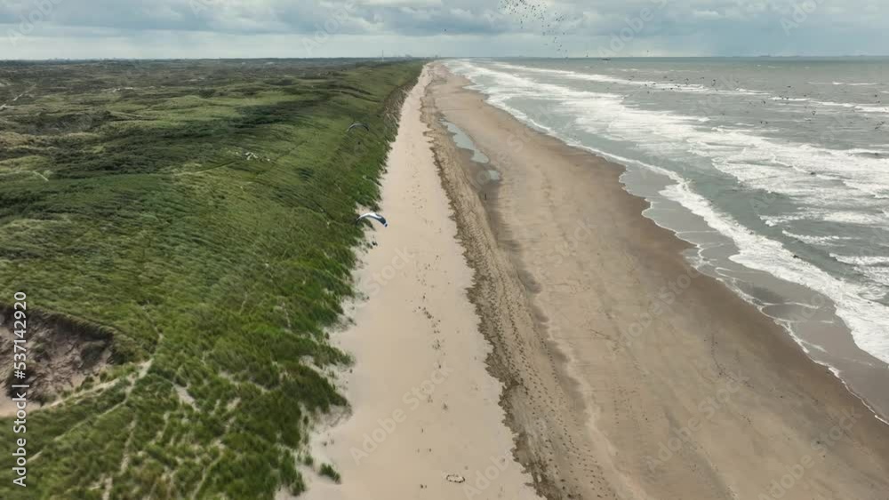 Paragliders soar over sandy beach and dunes covered with vegetation; aerial