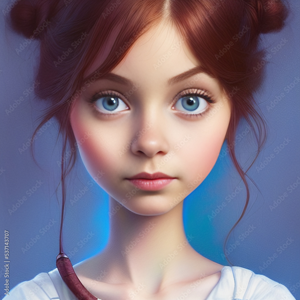 Cartoon female character, young girl. Model released and custom trained AI generated person. Reference photo in model release. Cartoon female character, young girl. Model released and custom trained AI generated person. Reference photo in model release.