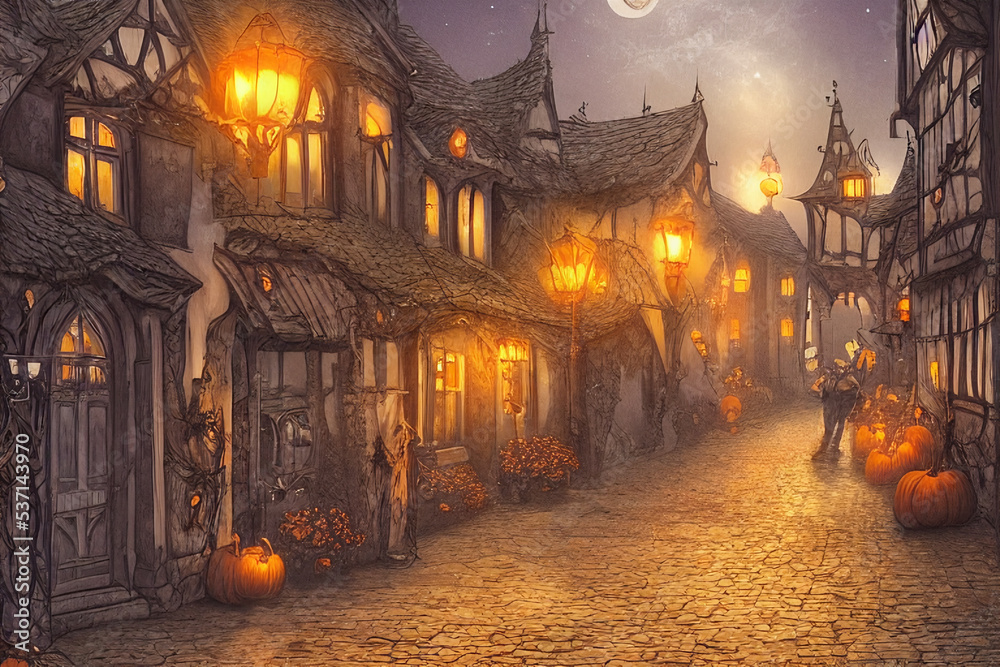Ominous and spooky fantasy town at night, Halloween and dreary atmosphere, haunted houses and huts, witching hour. Ai generated illustrations Ominous and spooky fantasy town at night, Halloween and dreary atmosphere, haunted houses and huts, witching hour. Ai generated illustrations