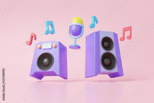 Music wave media connection concept. microphone podcast and retro radio vintage with instrument speaker floating on pink pastel background, Minimal cartoon style, banner. 3d render illustration