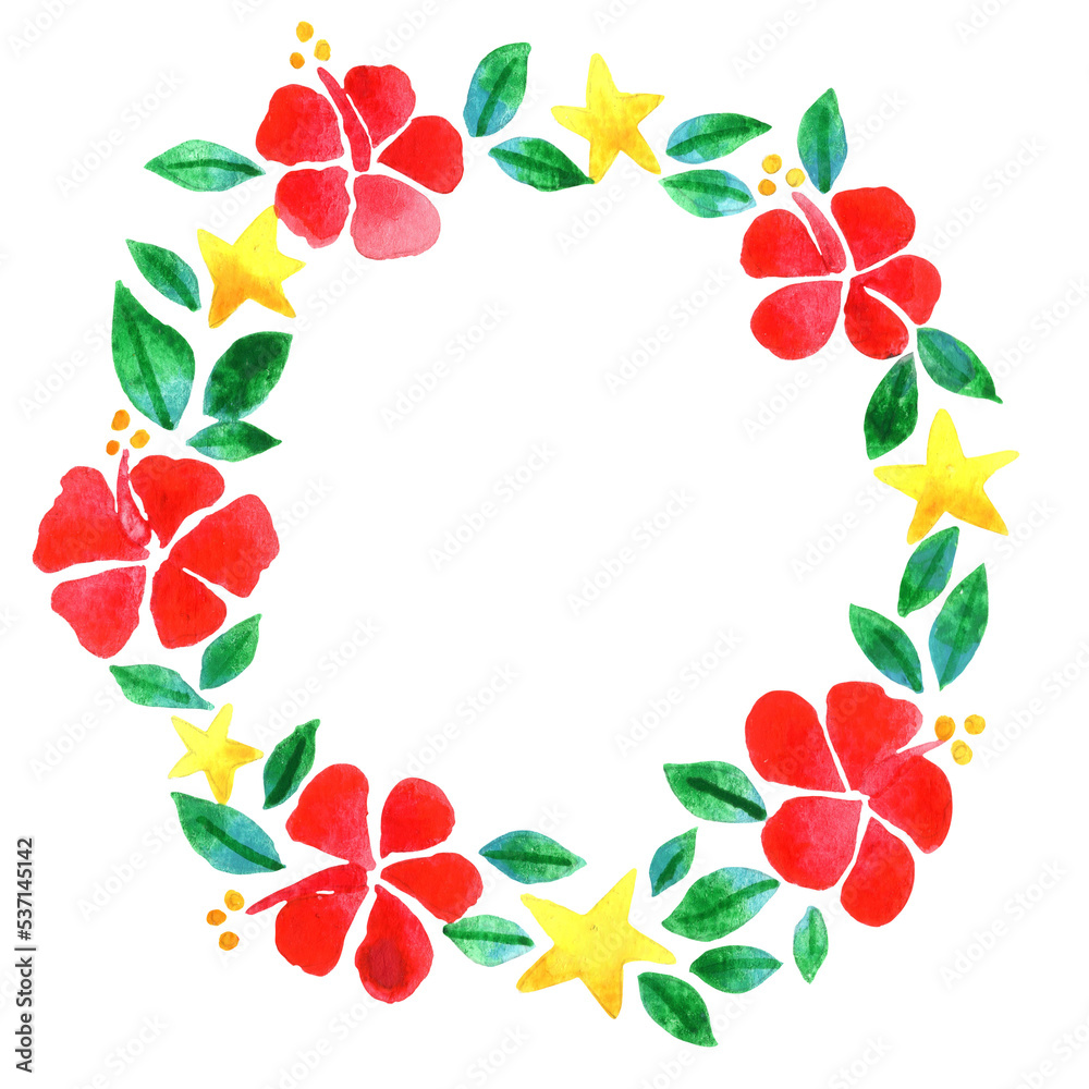 Fototapeta premium Red hibiscus, Christmas star with green leaves watercolor wreath for decoration on Christmas on summer festival.