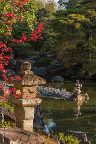 Stone lantern in Japanese garden in Kyoto, Japan