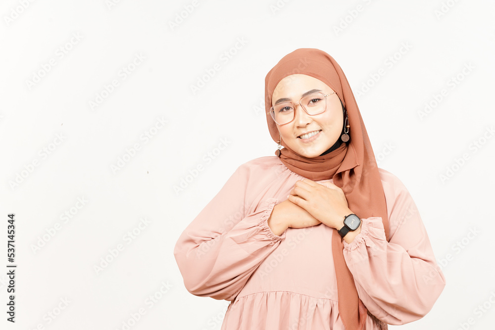 Grateful and Self Love Gesture of Beautiful Asian Woman Wearing Hijab Isolated On White Background Grateful and Self Love Gesture of Beautiful Asian Woman Wearing Hijab Isolated On White Background