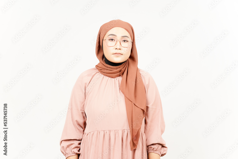 No Smile Looking at Camera of Beautiful Asian Woman Wearing Hijab Isolated On White Background