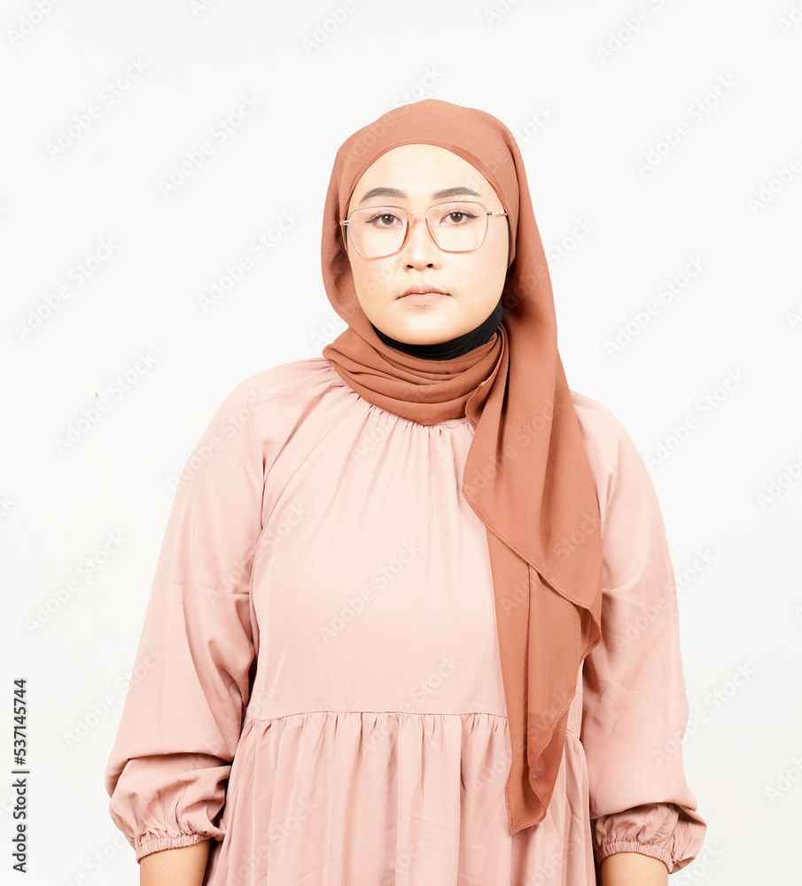 No Smile Looking at Camera of Beautiful Asian Woman Wearing Hijab Isolated On White Background No Smile Looking at Camera of Beautiful Asian Woman Wearing Hijab Isolated On White Background
