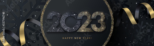 Obraz na płótnie Happy New Year 2023 beautiful sparkling design of numbers on black background with texture of black snowflakes and shining falling snow
