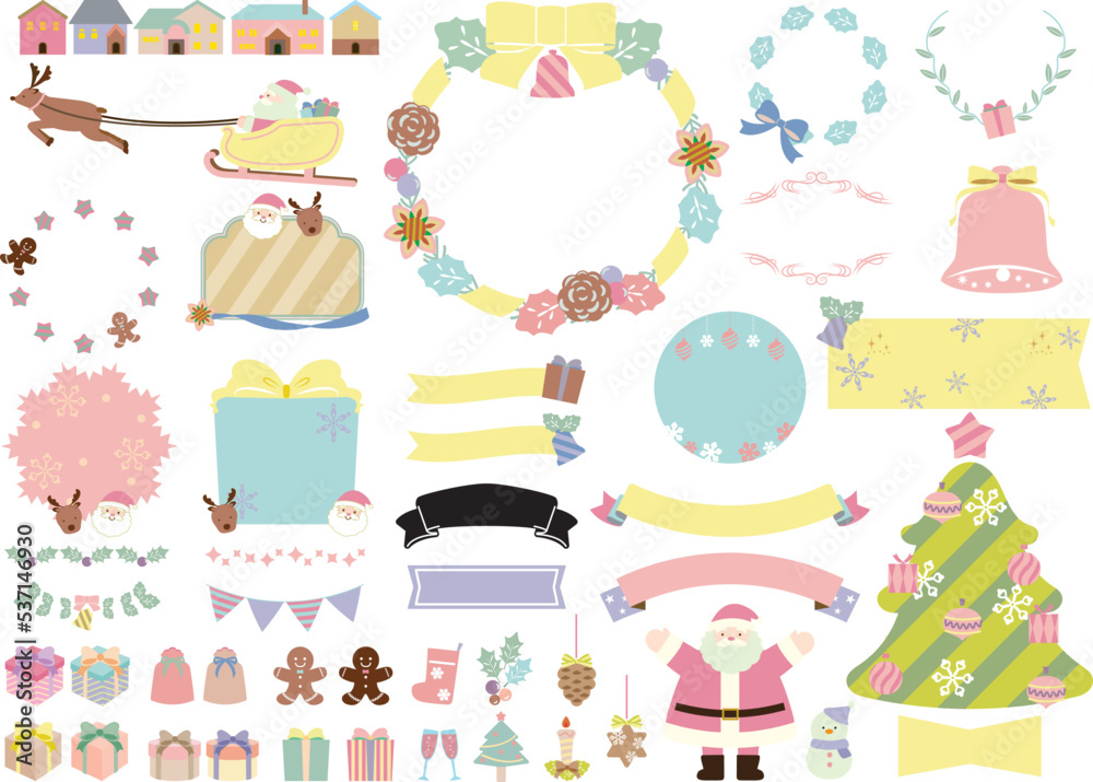 クリスマスのかわいいフレームとイラストとリボンのセット・パステルカラー・文字無し クリスマスのかわいいフレームとイラストとリボンのセット・パステルカラー・文字無し