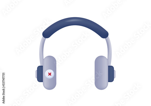 Headphone 3d, sound is turned off. Audio is not audible, technical failure, not working headset. Device for listening to music. Speaker equipment, gadget, support. DJ headphones, radio, call. Vector