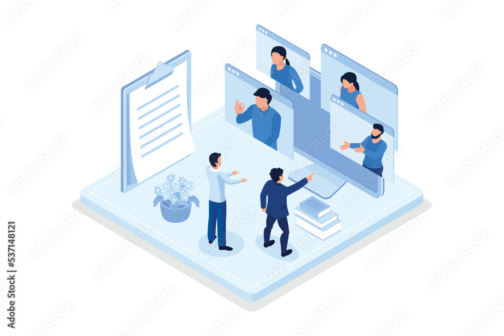 People Character working Remote at Home and using Laptop for Video Meeting with Colleagues. Online Discussion and Business Video Conference Concept, isometric vector modern illustration People Character working Remote at Home and using Laptop for Video Meeting with Colleagues. Online Discussion and Business Video Conference Concept, isometric vector modern illustration