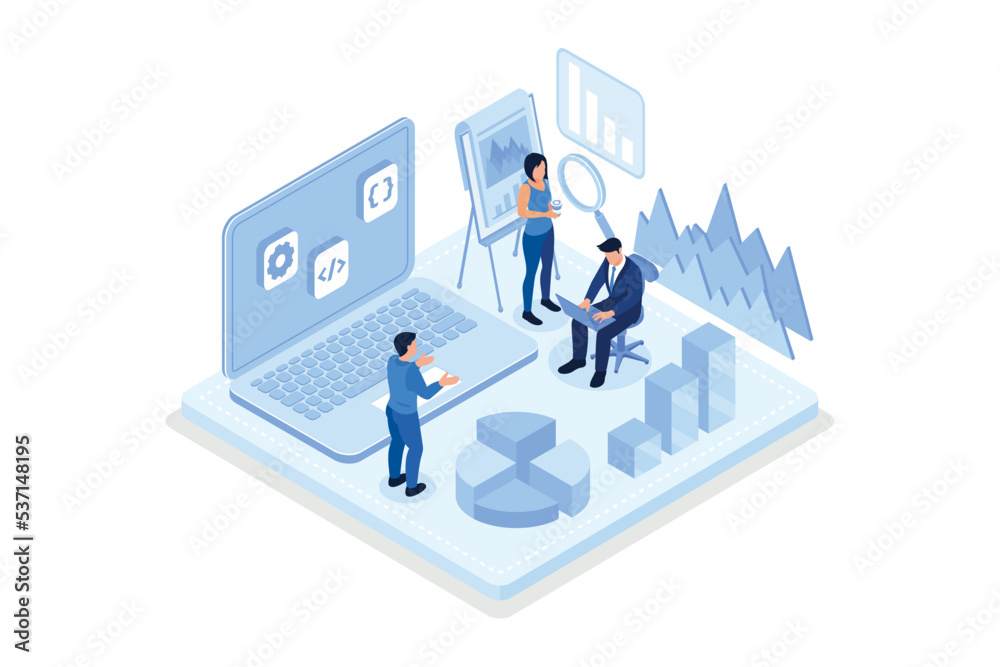 People Characters Working with Data Visualization on Laptop. Man and Woman Analyzing Tables, Charts and Graphs at Business Dashboard. Digital Data Analysis Concept, isometric vector modern illustratio People Characters Working with Data Visualization on Laptop. Man and Woman Analyzing Tables, Charts and Graphs at Business Dashboard. Digital Data Analysis Concept, isometric vector modern illustratio