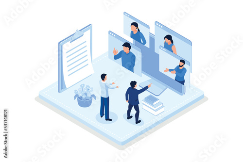 People Character working Remote at Home and using Laptop for Video Meeting with Colleagues. Online Discussion and Business Video Conference Concept, isometric vector modern illustration