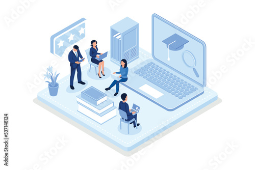Students Learning Online at Home. People Characters Looking at Laptop and Studying with Smartphone, Books and Exercise Books. Distance Education Concept, isometric vector modern illustration