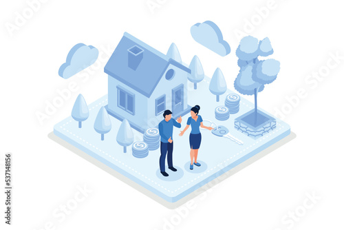 Family Buying Home with Mortgage and Paying Credit to Bank. People Invest Money in Real Estate Property. House Loan, Rent and Mortgage Concept, isometric vector modern illustration