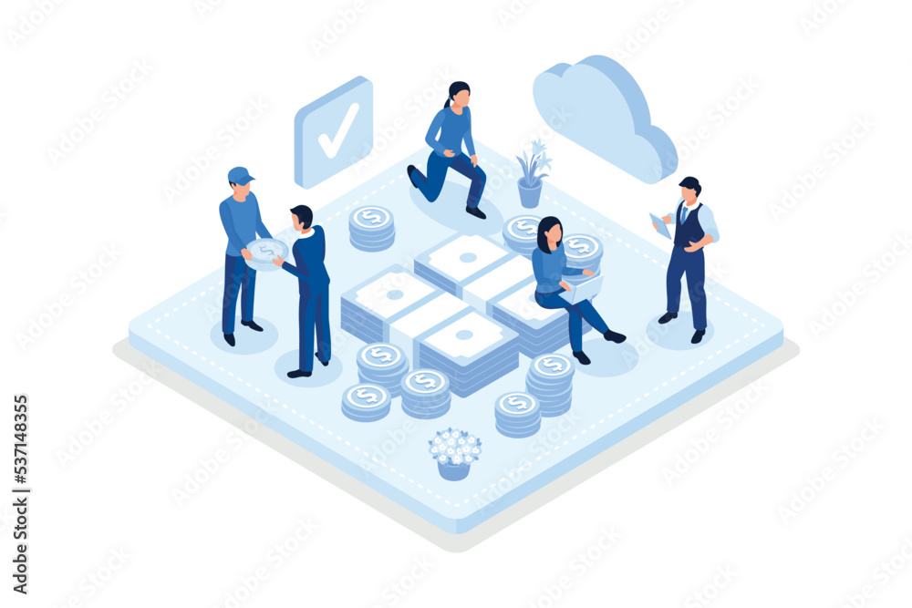 People Characters Standing near Gold Coins Stack and Banknotes Bundle. Woman and Man Holding Dollar Coins. Saving Money or Cash Back Concept, isometric vector modern illustration People Characters Standing near Gold Coins Stack and Banknotes Bundle. Woman and Man Holding Dollar Coins. Saving Money or Cash Back Concept, isometric vector modern illustration