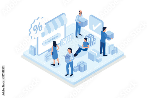 Discount sale concept with characters. Can use for web banner, infographics, hero images, isometric vector modern illustration