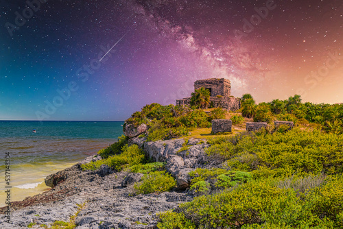 Structure 45, offertories on the hill near the beach, Mayan Ruins in Tulum, Riviera Maya, Yucatan, Caribbean Sea, Mexico with Milky Way Galaxy stars night sky