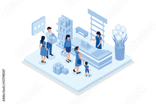 People waiting in line at grocery supermarket. Can use for web banner, infographics, hero images, isometric vector modern illustration