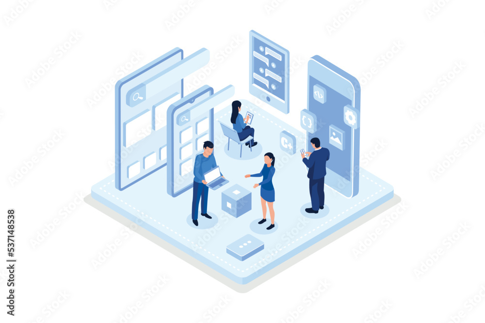 Mobile app development concept banner with characters. Can use for web banner, infographics, hero images, isometric vector modern illustration Mobile app development concept banner with characters. Can use for web banner, infographics, hero images, isometric vector modern illustration