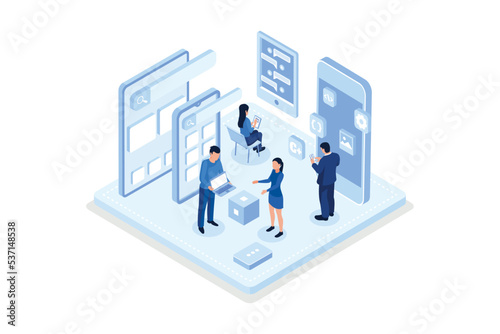 Mobile app development concept banner with characters. Can use for web banner, infographics, hero images, isometric vector modern illustration