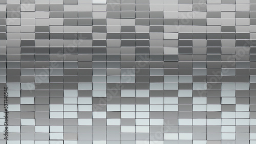 Glossy, Rectangular Mosaic Tiles arranged in the shape of a wall. 3D, Silver, Blocks stacked to create a Luxurious block background. 3D Render photo