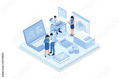 Financial Consultant sitting at Office Desk with Documents for Tax Calculation. Woman Preparing Financial Tax Report. Accountant at Work. Accounting Concept, isometric vector modern illustration